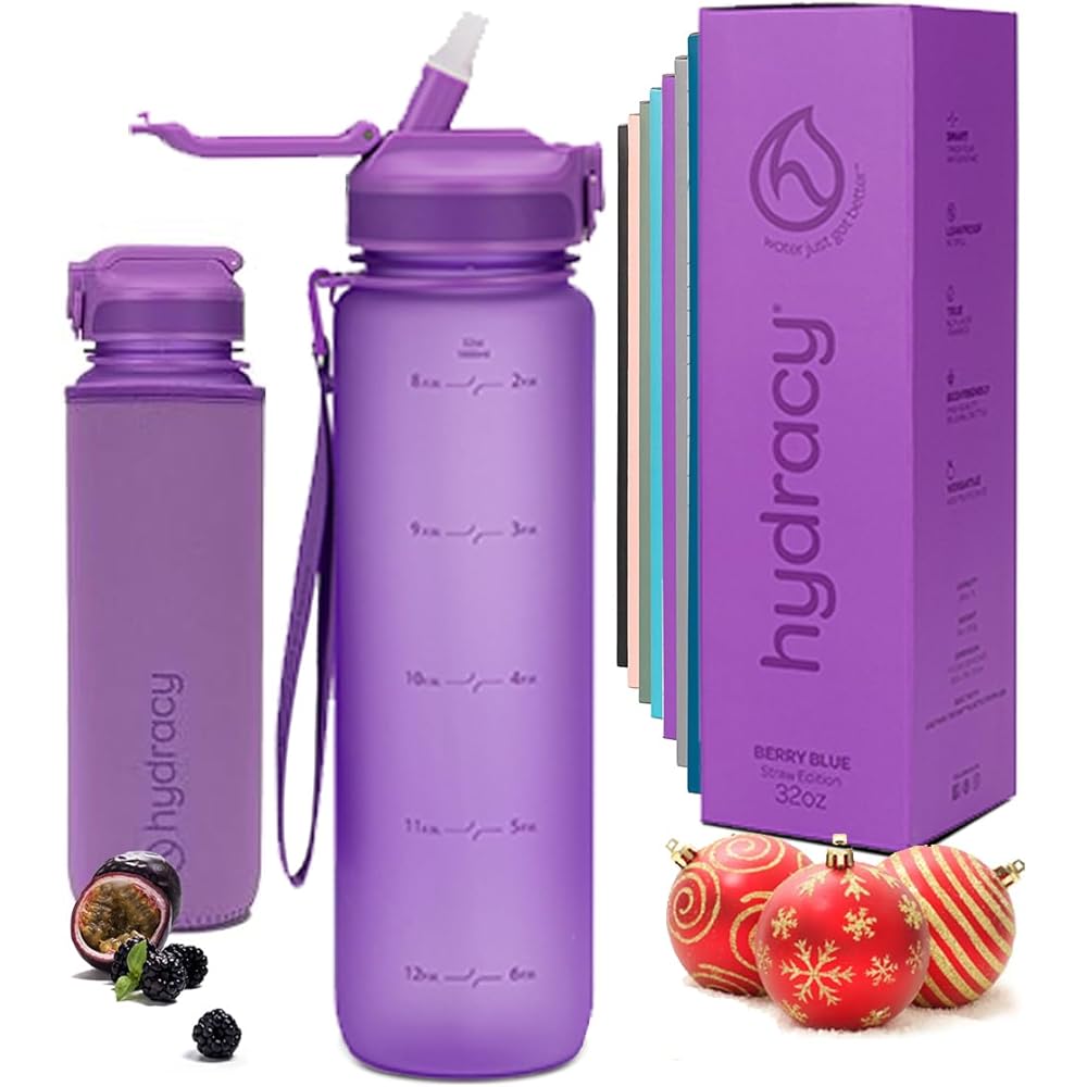 Hydracy Water Bottle with Times to Drink & Straw - Large 32 Oz BPA Free Motivational Water Bottle & No Sweat Sleeve -Leak Proof Gym Bottle with Time Marker - Ideal for Fitness, Sports & Outdoors