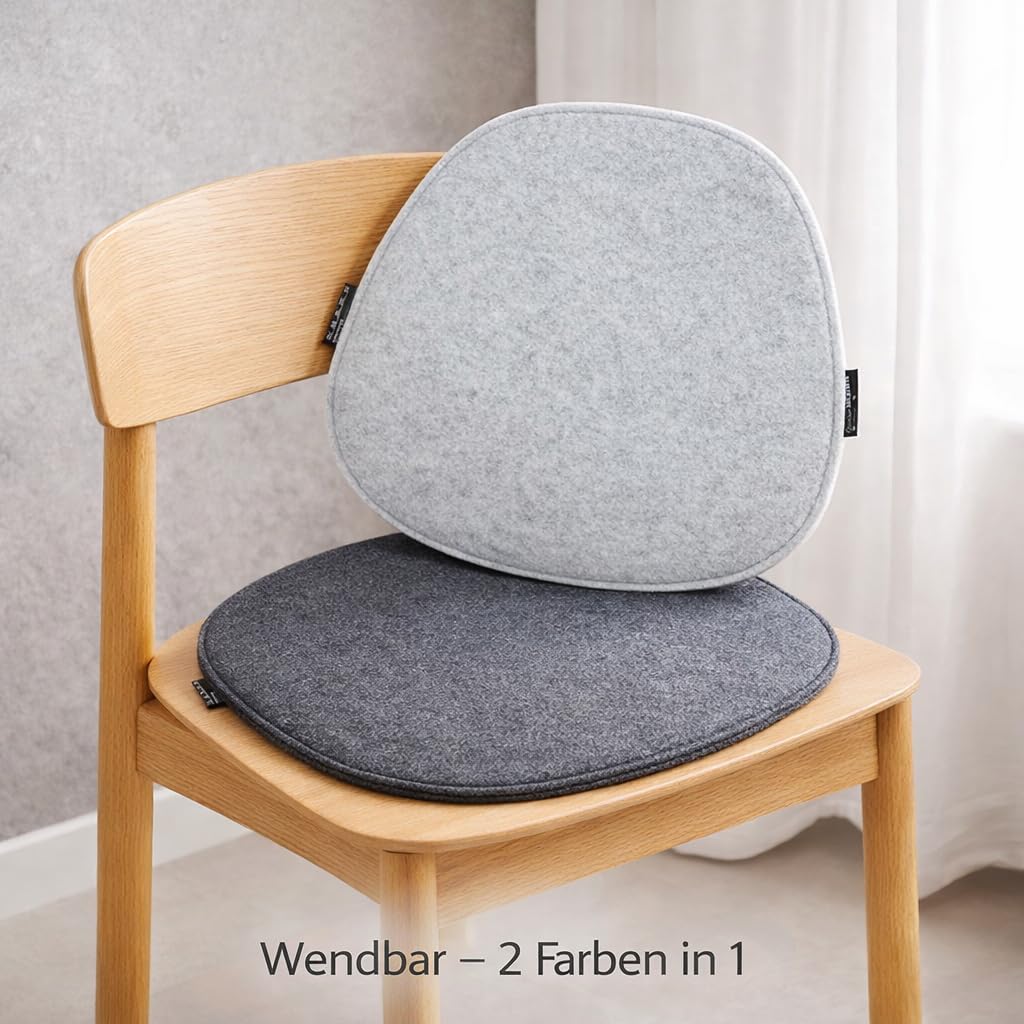 DuneDesign 4er Set Filz Sitzkissen oval 40x37 cm - wendbare Stuhlkissen Hellgrau/Anthrazit 8 mm als Sitzauflage für Esszimmerstuhl Kissen Küchenstuhl Polster Schalenstuhl - Auflage für Stühle