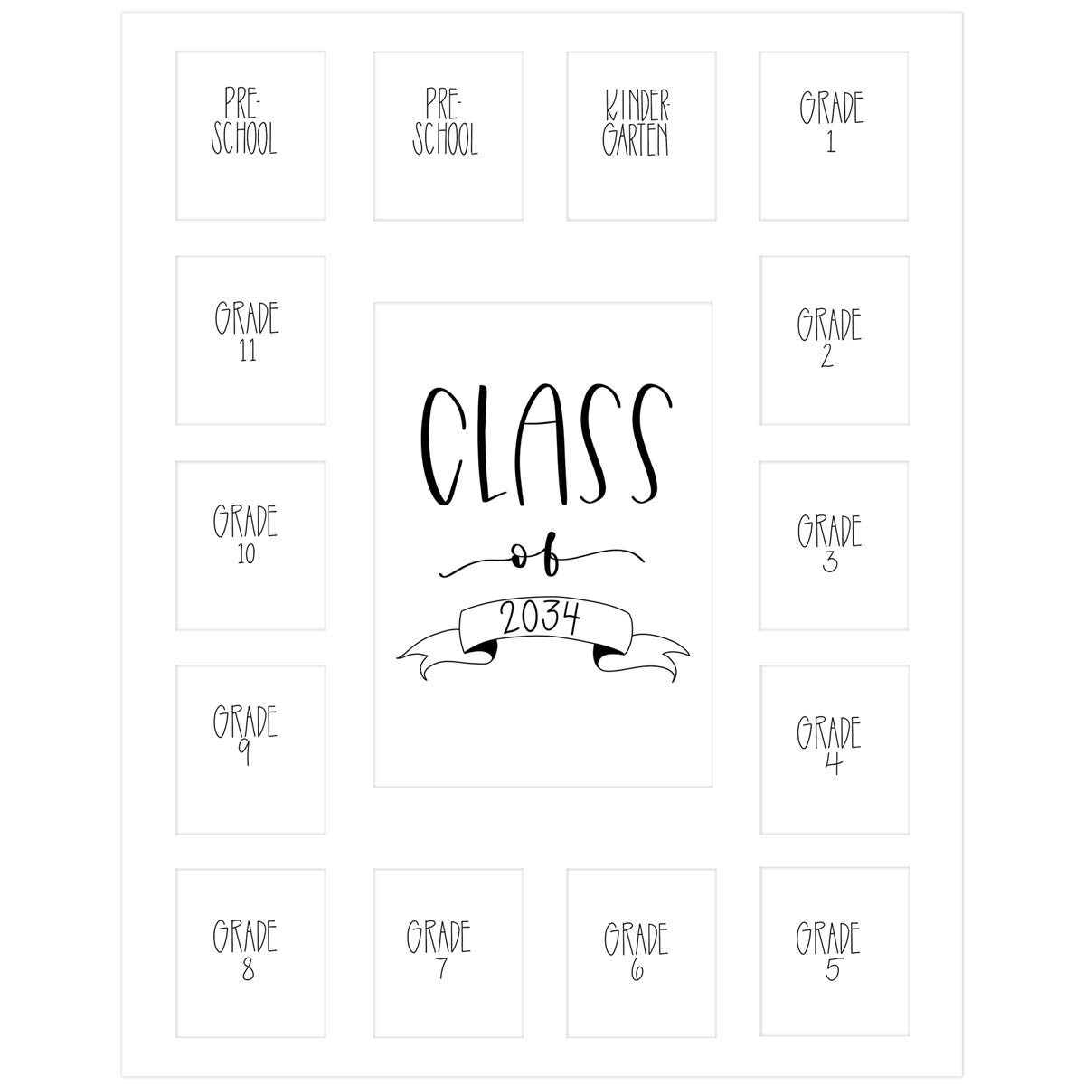 Rustic Red Door Co. Class of 2034 Photo Mat (11" x 14") Photo Collage Picture Frames Mat for School Pictures - No Frame White Photo Mat from Pre - K to Graduation (15 Photos)