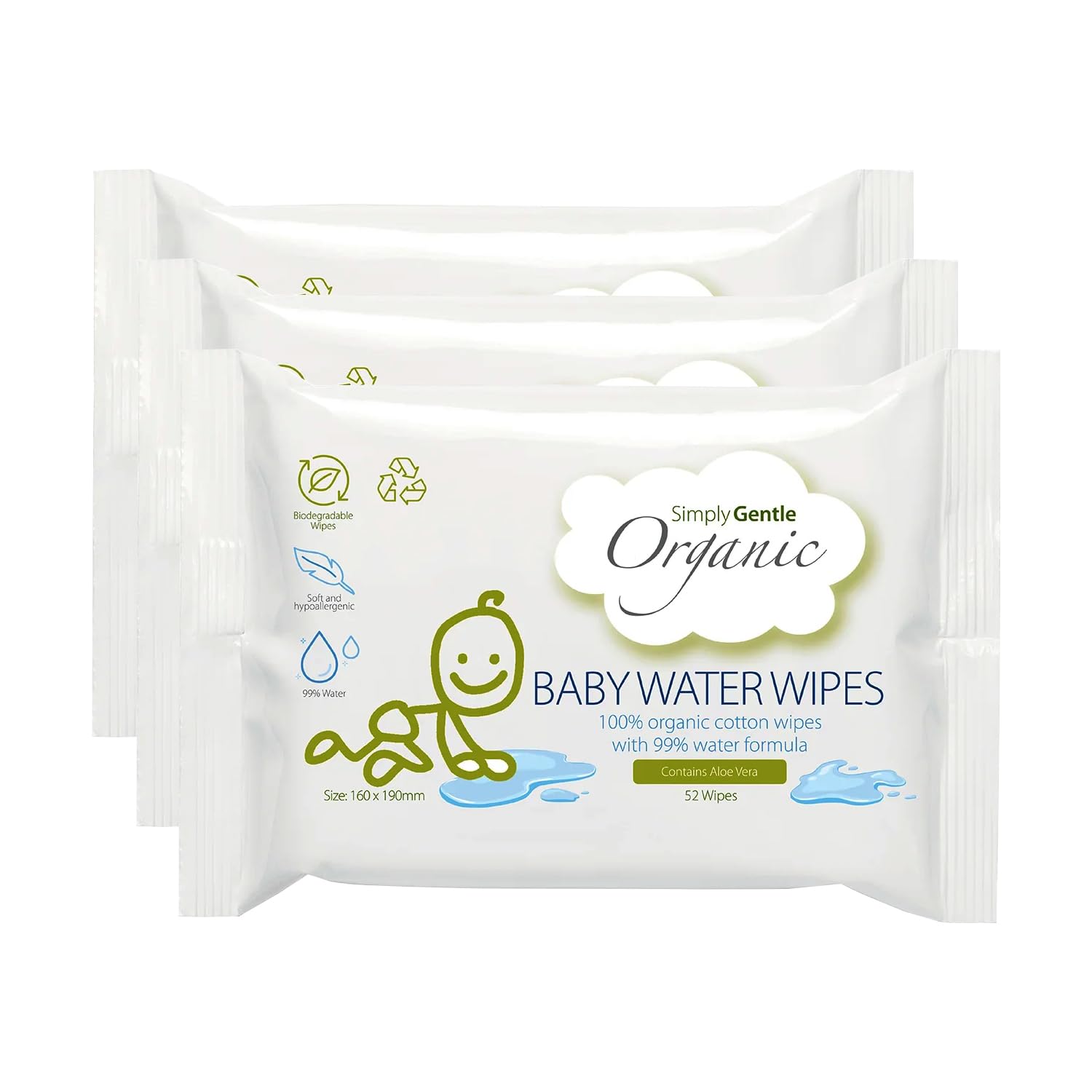 Simply Gentle Organic Baby Wet Wipes for Sensitive Skin 99% Water, Fragrance and Plastic Free, Natural
