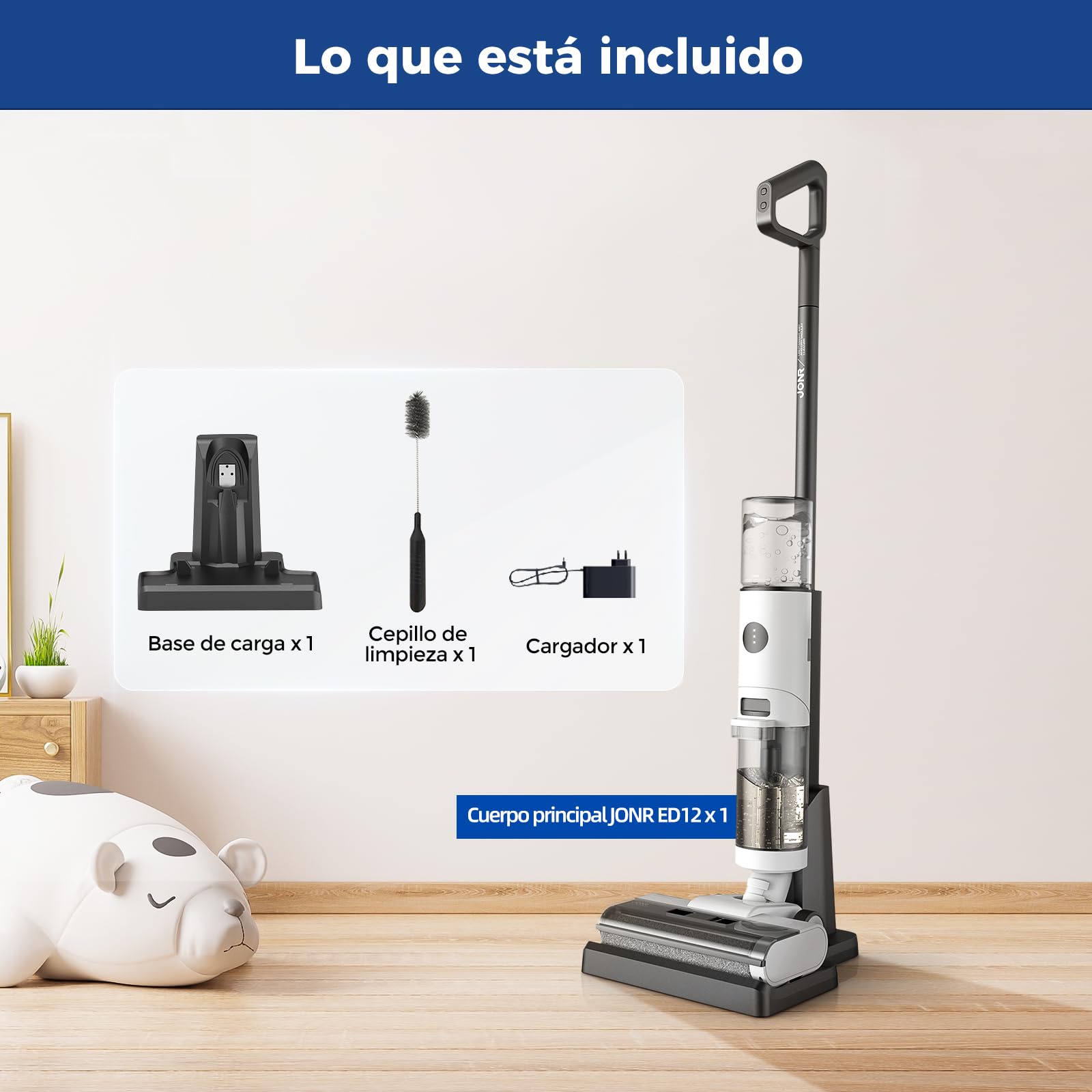 JONR ED12 Aspirador en Seco y Húmedo, Aspirador y Mopa 4 en 1 sin Cable, Cepillo Limpiador de Bordes, Función de Autolimpieza, Autonomía 30 Min, para Suelos Duros y Pelo de Mascota.