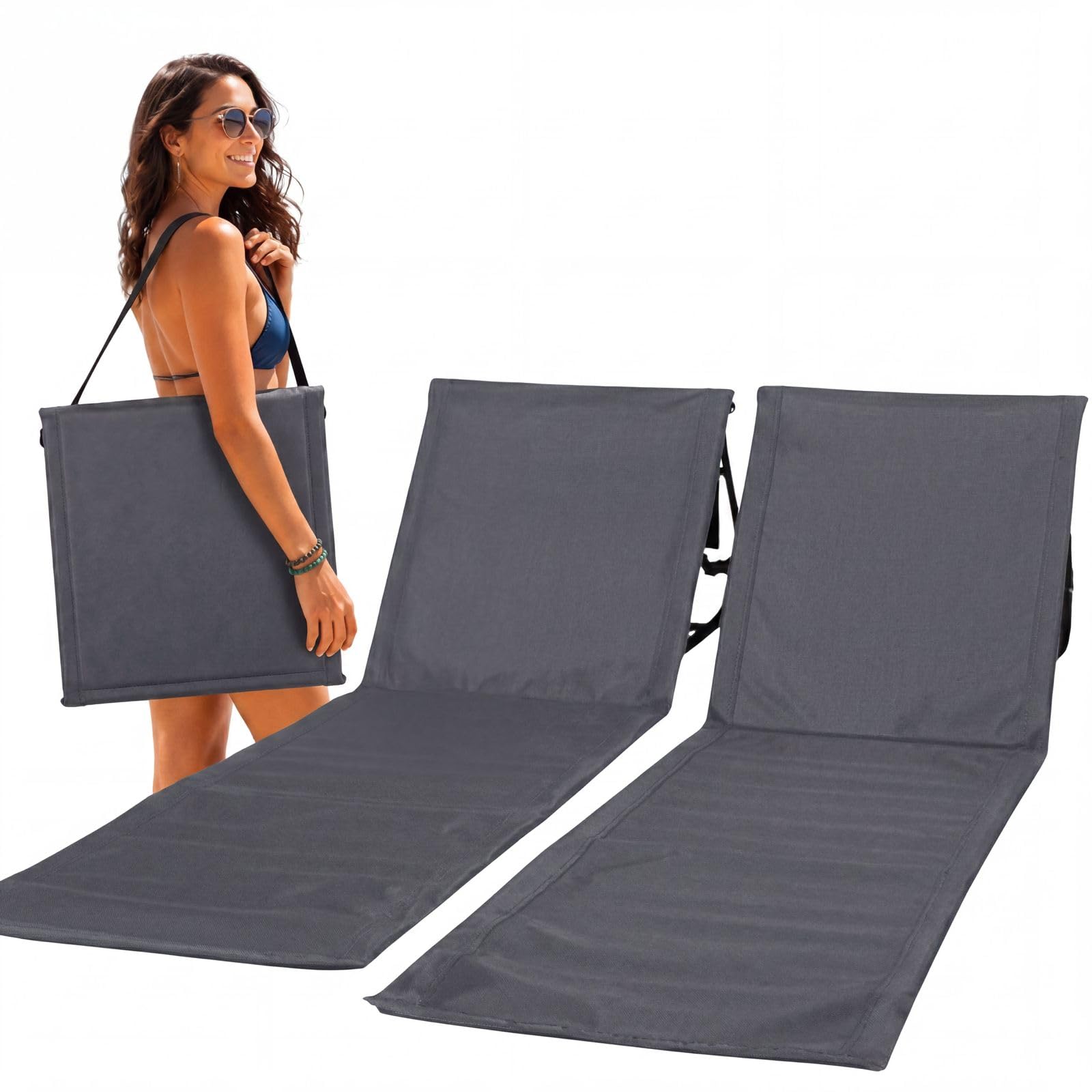 Intimo Living 2er Set Strandliege klappbar leicht – Bequeme Strandmatte mit Rückenlehne – Strandliege faltbar leicht mit Tasche – Verstellbarer Liegestuhl für Strand & Freibad (Grau, 152x51cm)