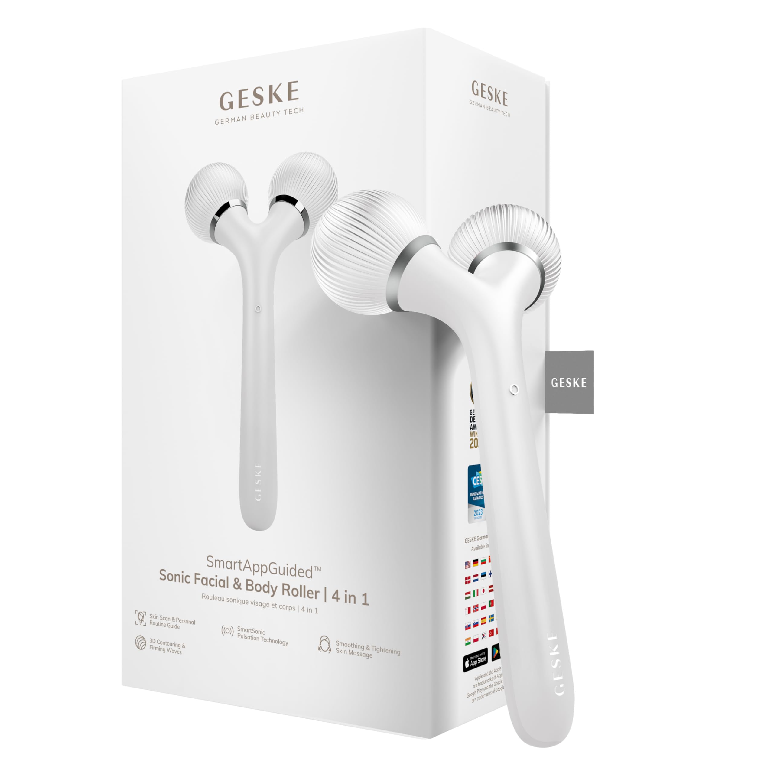 GESKE | SmartAppGuided™ Sonic Facial & Body Roller | 4 in 1 | Derma Roller | Gerät für Gesicht und Körper | Professioneller Gesichtsroller | Strafft und definiert Körper und Gesicht