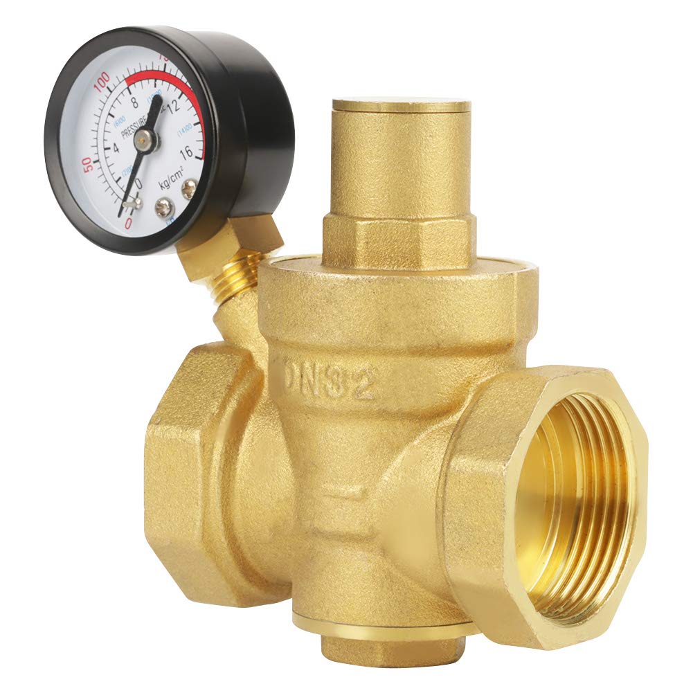 BSP DN32 Vanne de Réduction de Pression D'eau en Laiton Réducteur de Pression D'eau Réglable en Laiton sans Plomb Vanne de Régulation de Pression D'eau avec Débit de Jauge Réglable