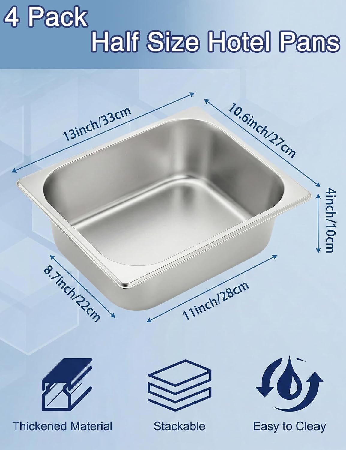 4 Pack 1/2 Half Size Hotel Pans, 4 Inch Deep Stainless Steel Steam Table Pans Breading Tray Buffet Food Pan, Square Commercial Hotel Pan for Chafing Dishes, Restaurants, Party Catering Supplies