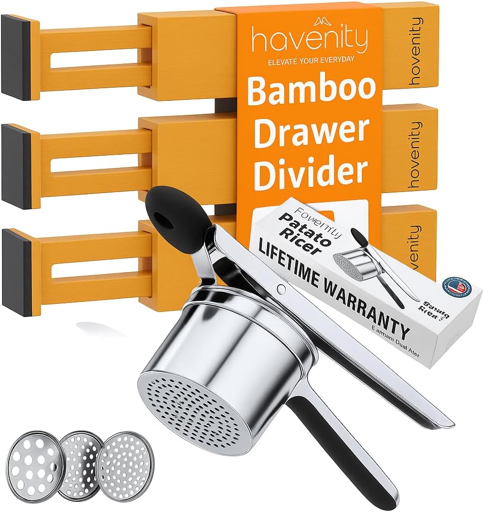 4 Pcs Bamboo Kitchen Drawer Dividers Large 14"-19" & Potato Ricer, Heavy Duty Stainless Steel Ricer for Mashed Potatoes. 15oz Capacity