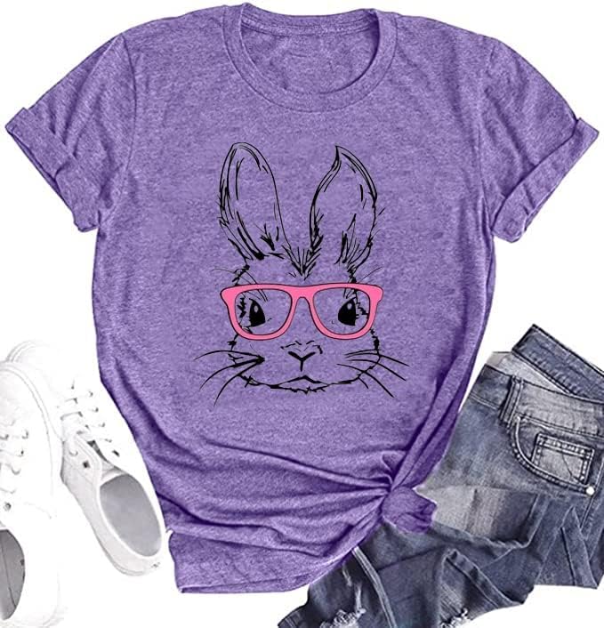 Funny Bunny Print T Shirt for Women Cute Grapic Leopard Shirts Family Blouse Gifts Easter Tops Tee