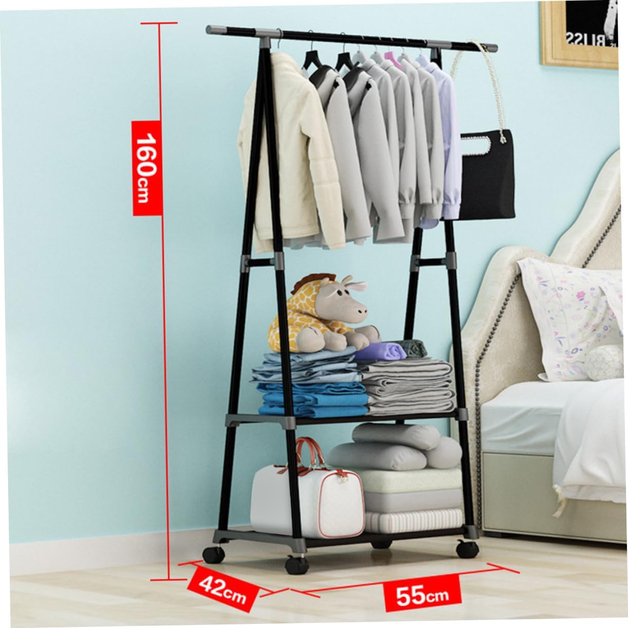 Iron Garment Rack with Wheels Adjustable Clothes Drying Hanger Metal Clothes Stand for Bedroom Storage Multifunctional Coat Rack with Hooks Black