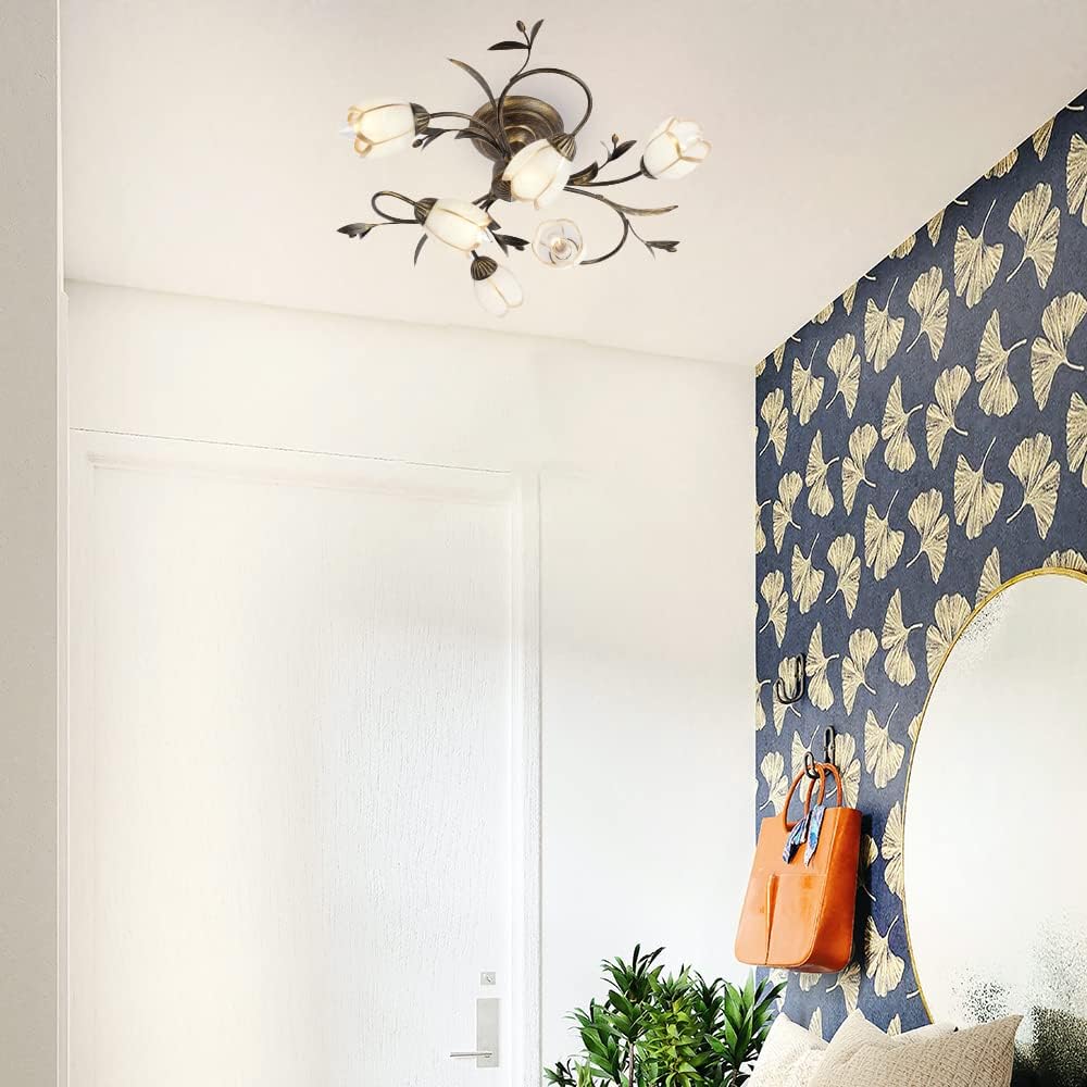 Flower Semi Flush Mount Ceiling Light, Rustic Ceiling Fixture with Frosted Glass Shade, Sputnik Chandelier for Kitchen Bedroom (6 Lights)