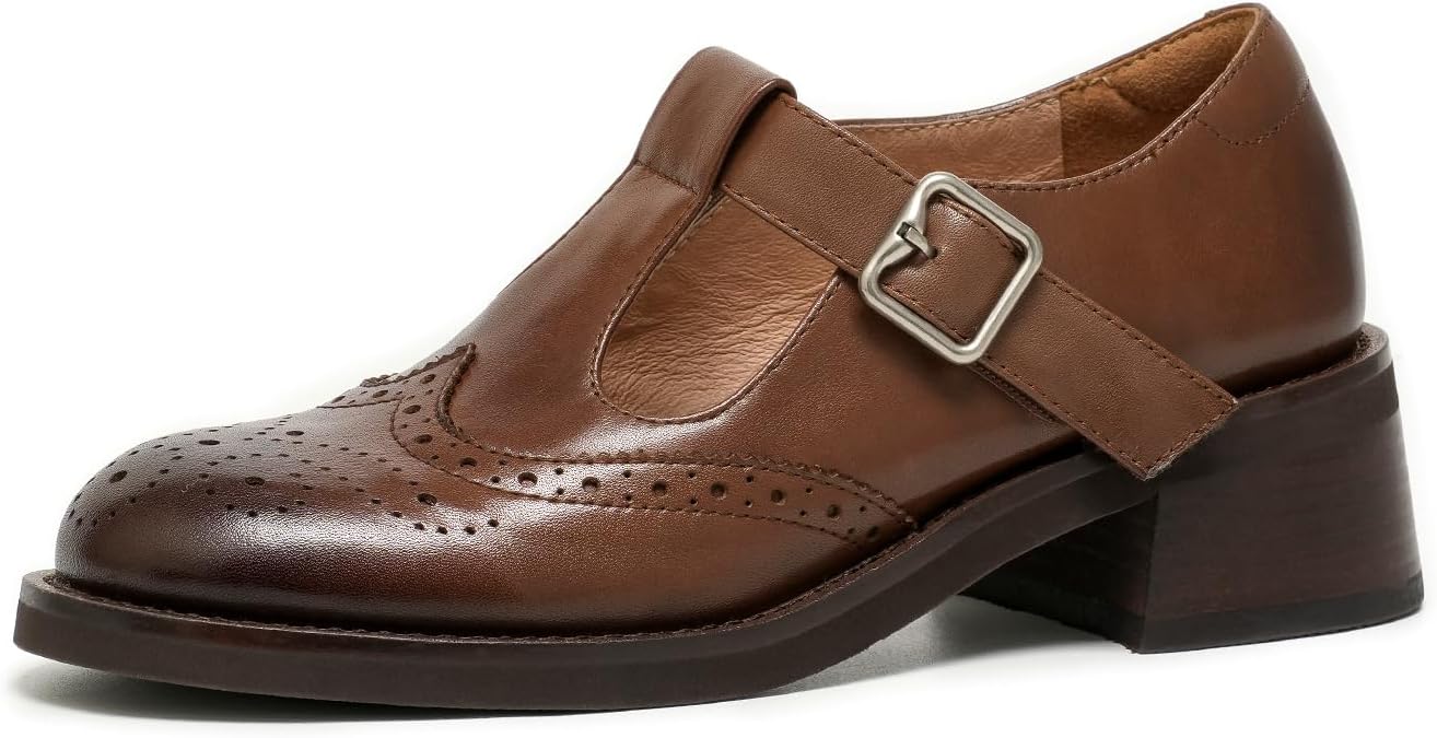 BEAU TODAY Mary Jane Oxfords for Women,Chunky Wingtip Oxford,T-Strap Leather Retro Shoes for Women,Brogue Mid Heels Dressy Business Office Platform Shoes with Buckle