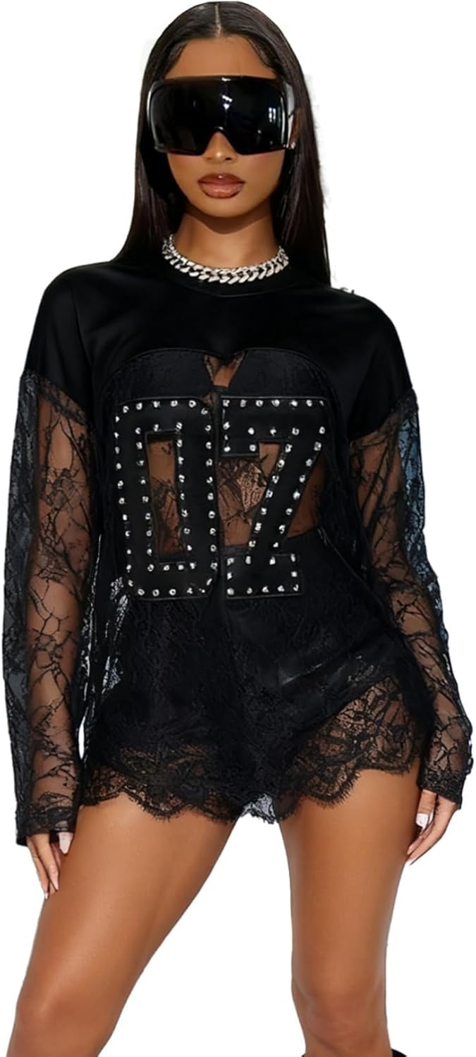 Jersey Shirts for Women - Long Sleeve Y2K Oversized Lace Sheer T Shirt Tees Blouse Tops Club Streetwear