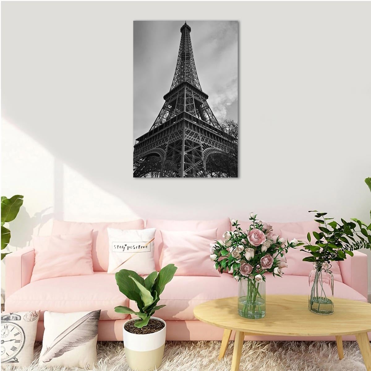 Eiffel Tower Canvas Wall Art, Unique Romantic Paris Wall Decor Print, Modern Home and Office Decoration Premium Giclee Painting Picture for Living Room Gallery (Black and White, Frame, 16x24in)