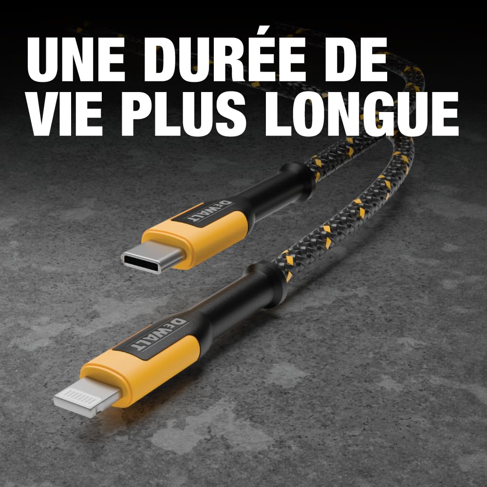 DEWALT Cable Lightning vers USB Câble tressé renforcé pour cordon de chargeur Lightning Compatible avec iPhone Câble (4 pieds - 2 câbles)