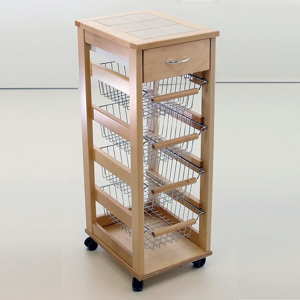 Carrello Portafrutta Vesuvio In Legno Ciliegio - Salvaspazio, Con Cassetto, 84x29x39cm