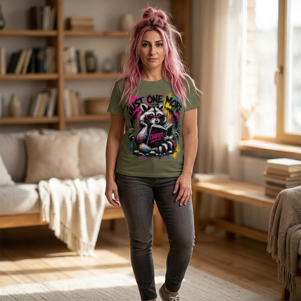 Just One More Chapter Raccoon T-Shirt - Neon Graffiti Streetwear Book Lover Gift - Unisex All-Over Print Reading Tee