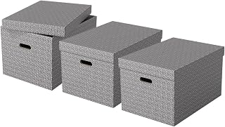Esselte Caja Grande de Cartón para Almacenaje y Regalos con Tapa, Pack de 3, Almacenaje y Organización para la Oficina y Casa, 100% Cartón Reciclado y Reciclable, Diseño Geométrico, Gris, 628287