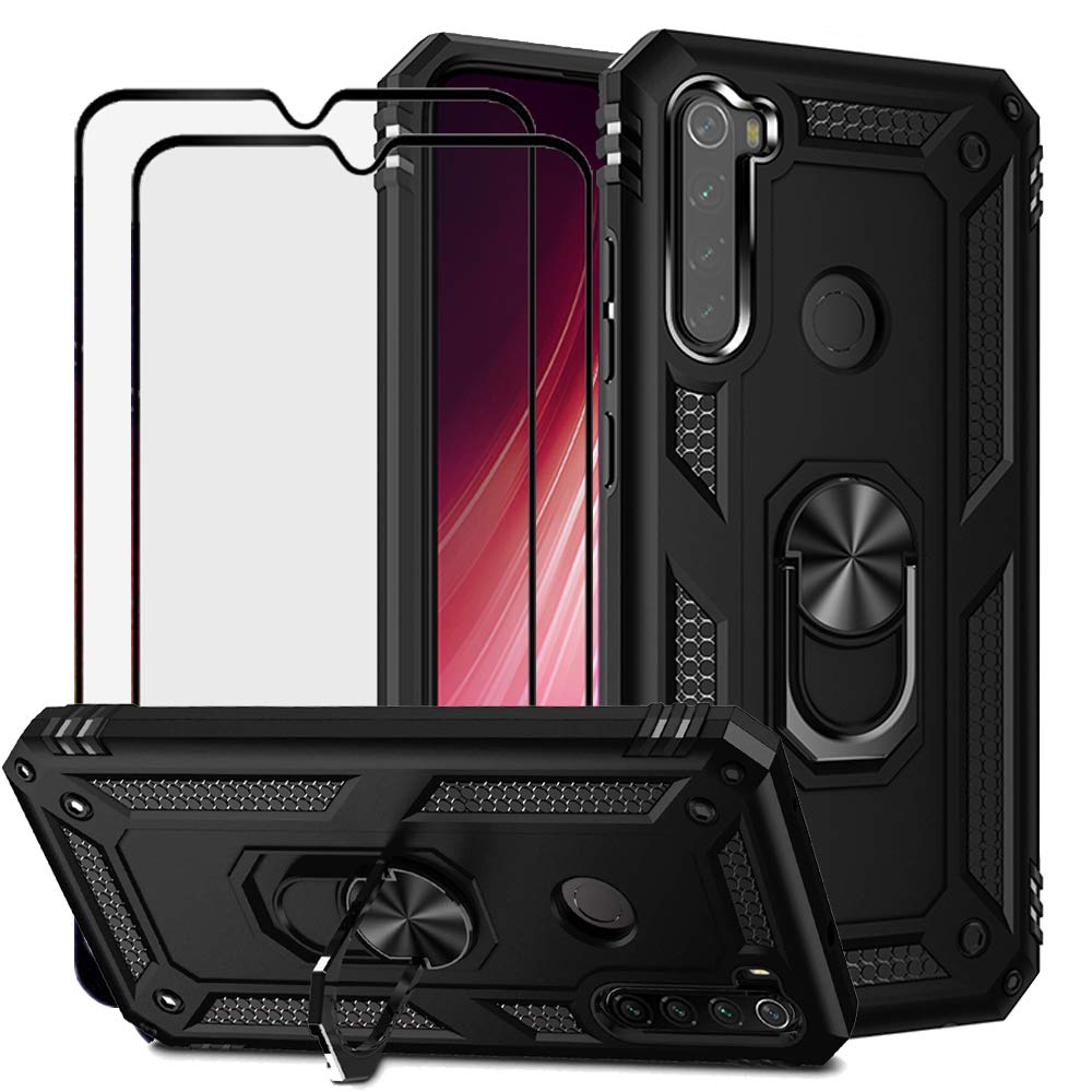 BTShare for Xiaomi Redmi Note 8 Case & Tempered Glass Screen Protector [2 Pack], Rugged Anti-Scratch Shockproof Kickstand Armor Cover Compatible Magnetic Car Mount Ring Grip, Black