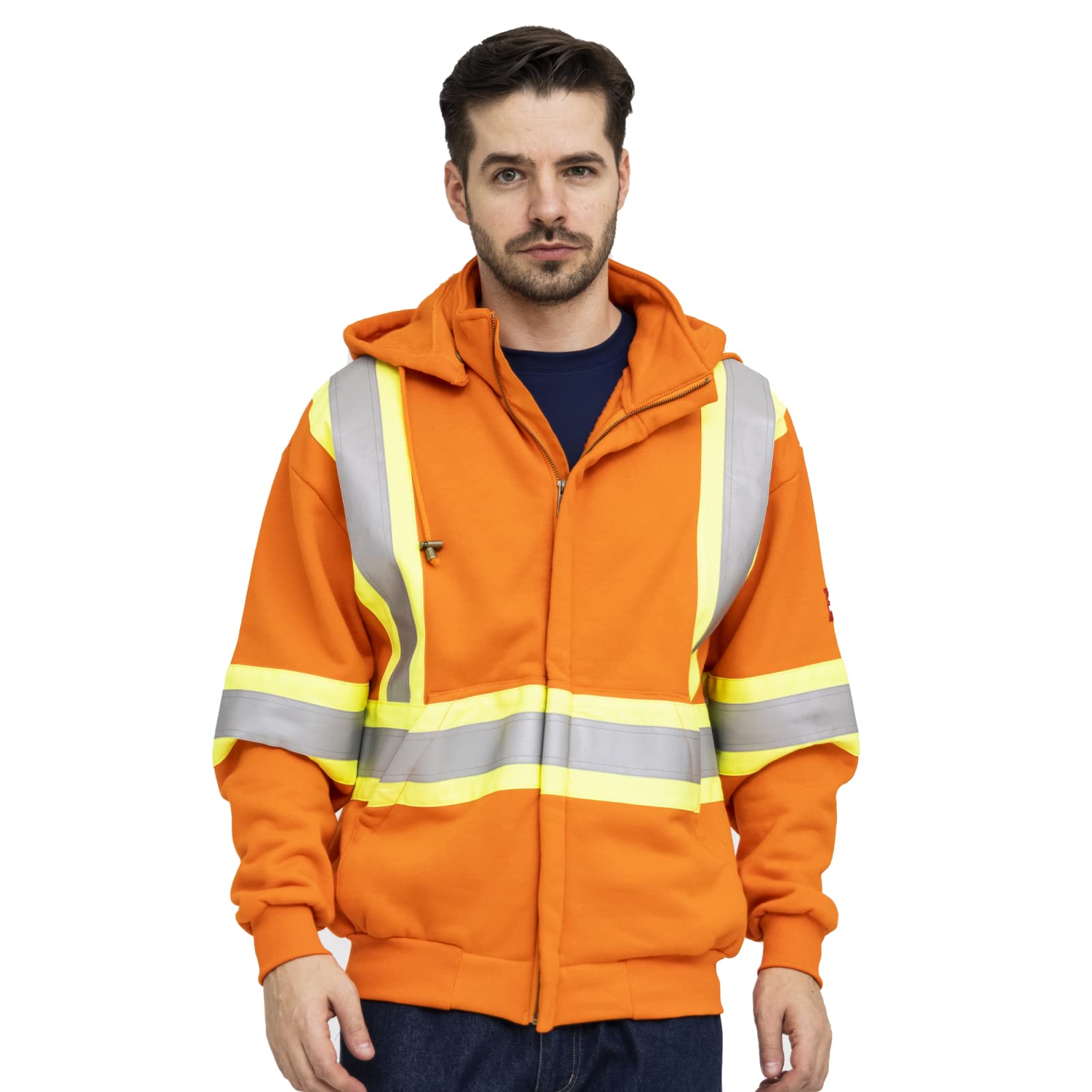 WORK IDEA Flame Resistant FR Reflective Hoodie Men's High Visibility Safety Hoodie Sweatshirt for Men Lined Fleece with Detachable Hood(Orange)