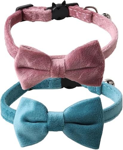 Collar de gato con pajarita y campanas, paquete de 2 collares de terciopelo de seguridad para gatitos con pajarita extraíble para gatos gatitos,