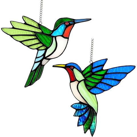 2 Packs Hummingbird Stained Glass Window Hanging Suncatchers - 6 Inch Handmade Real...