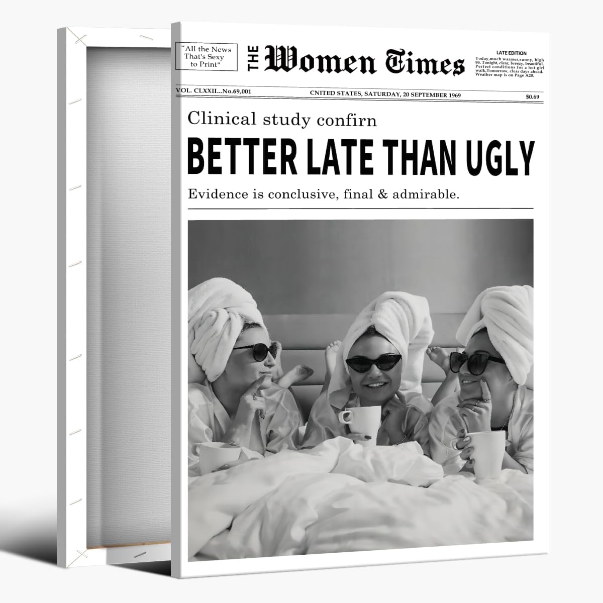 Vintage Women Times Black and White Newspaper Wall Art Better late than never posters Canvas Prints Funky Feminist Trendy College For Home Bedroom Dorm Bathroom Wall Decor 16x24inch black framed