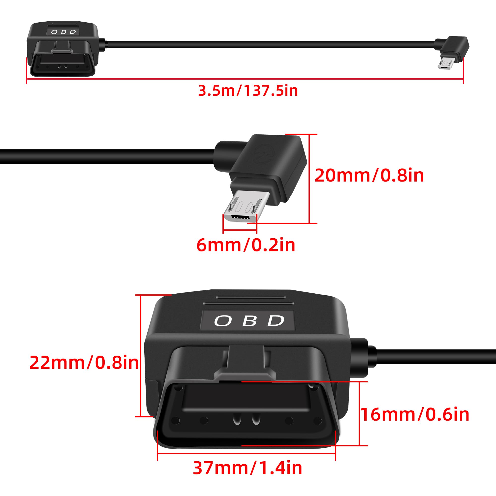Kabel OBD na USB DashCam, Recto Micro USB do OBD2 Adapter przewodowy ze złączem przełącznika przyciskowego Kompatybilny z pojazdami elektrycznymi (11,5 ft/3,5m, Mirco R)