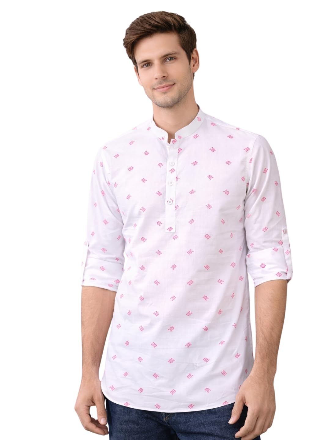 Men's Roll-Up Sleeve Mandarin Collar Pink Tropical Printed Rayon Short Kurta-image-15