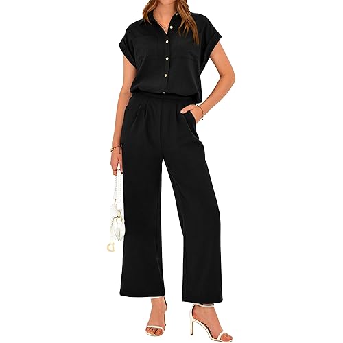 PRETTYGARDEN Women's Summer 2 Piece Outfits Casual Tracksuit Short Sleeve Button Down Shirts Long Pant Lounge Sets 2024