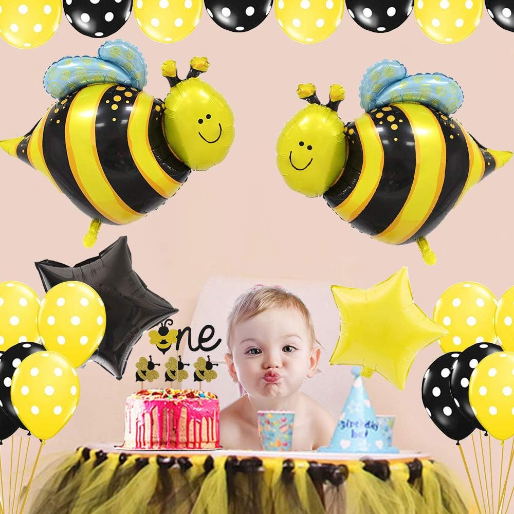 TONIFUL Bumblebee Party Decorations Set Honey Bee Theme Supplies with Bee Balloons Star Mylar Foil Balloons Yellow Black Polka Dot Balloons for Bee Theme Baby Shower Birthday Party Supplies