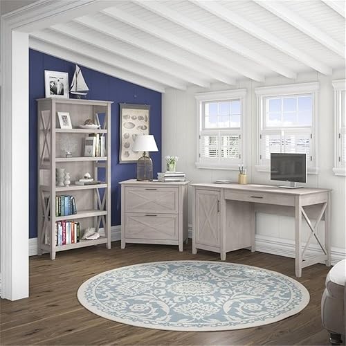 Miniatura 2 de Bush Furniture Key West - Escritorio para computadora de 54 W con almacenamiento, archivador lateral de 2 cajones y estantería de 5 estantes, color