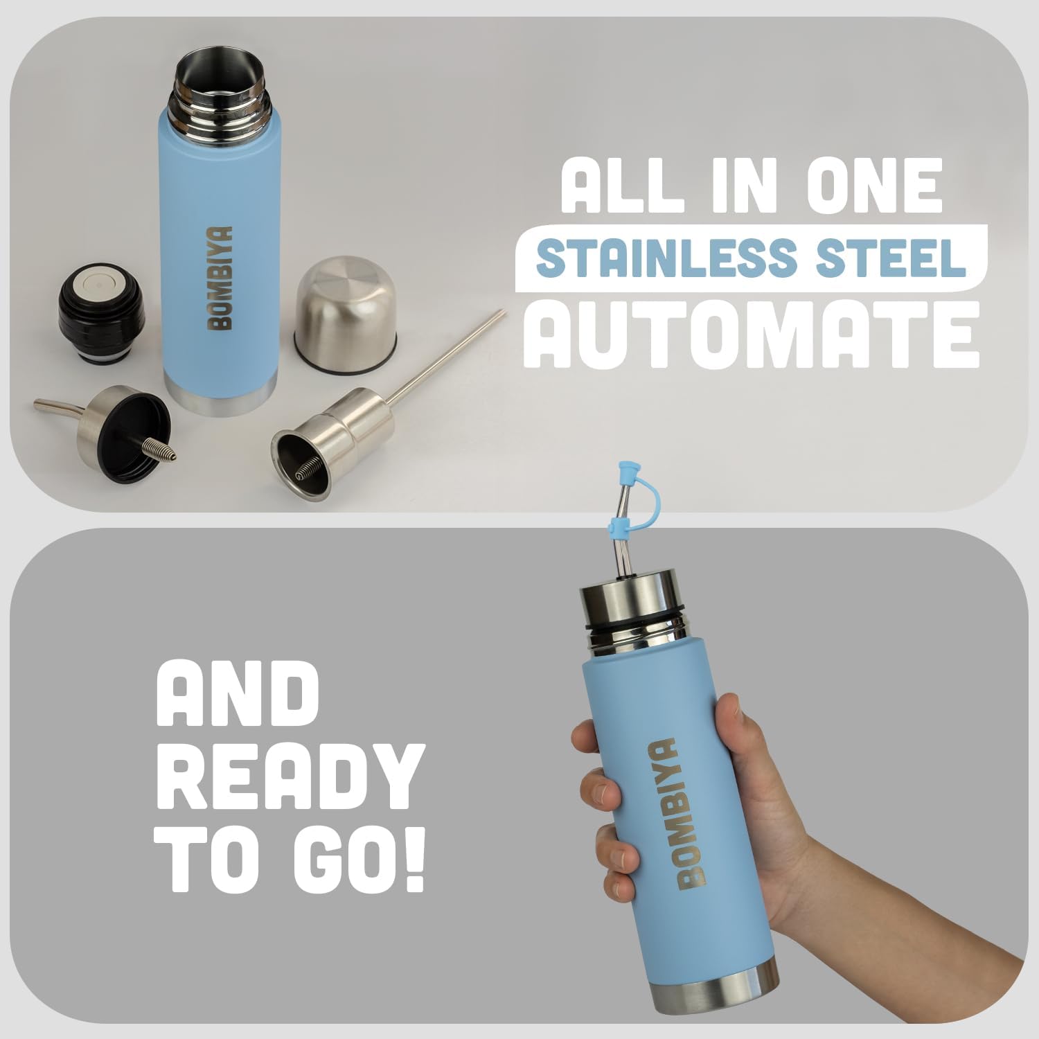 750ml Full Stainless Steel Mate Listo Automate – 25.3 fl oz Yerba Mate Thermo All in One, Termo para Mate Argentino Kit, Acero Inoxidable (Blue)
