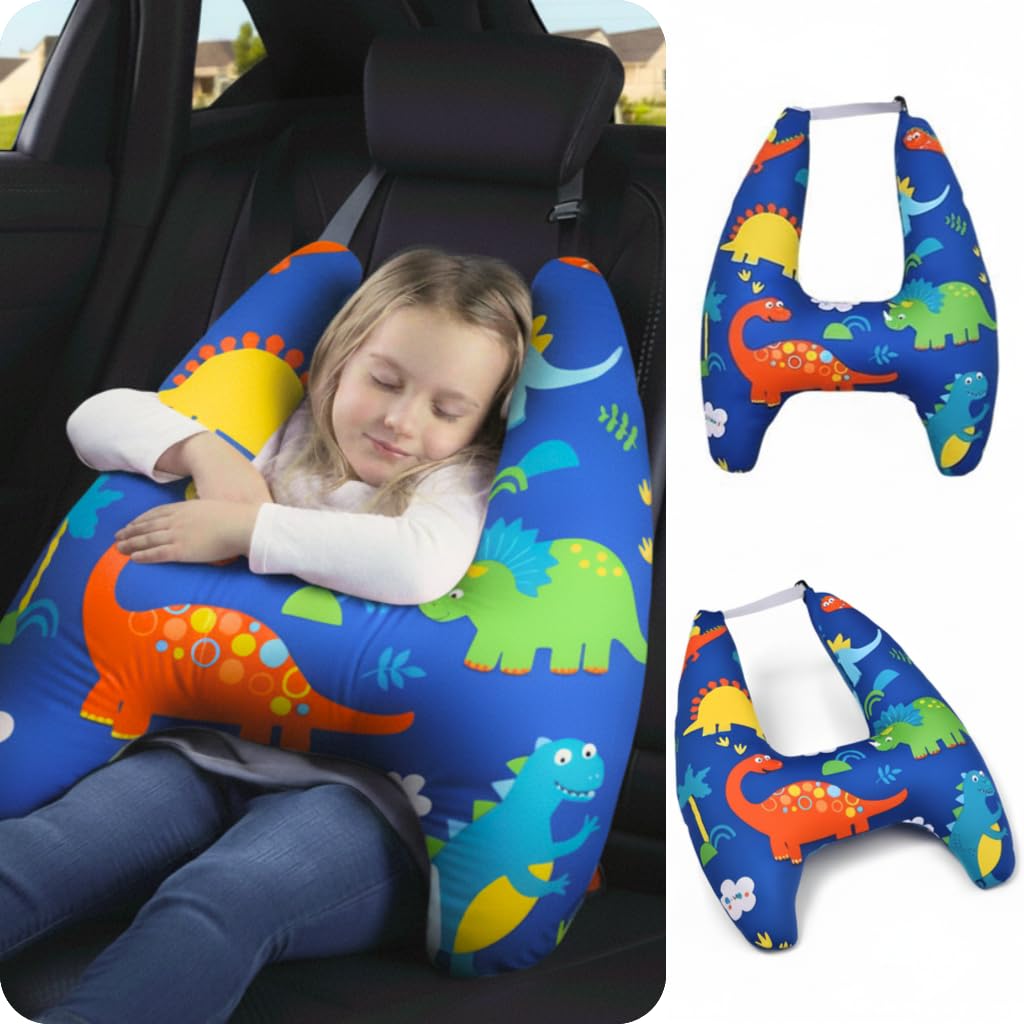 Travel Pillow Car Cushion for Kids 6 Years Old+ Shoulder Neck Back Support & Seat Belt Comfort, Road Trip Cozy Sleeping Gift for Young Travelers, Parents, Families, Baby Shower (Dinosaur Blue)