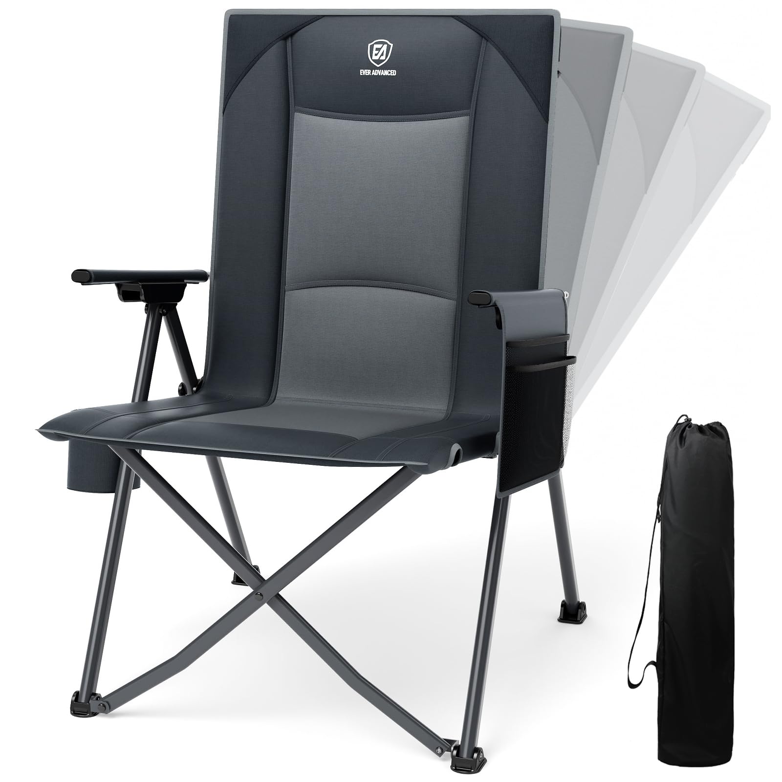 EVER ADVANCED Luxury Camping Chair Folding for Adults Heavy Duty 350lbs, Garden Chair Reclining Padded with Cup Holder Side Pocket, Foldable with 4-Position Adjustable Back, Grey