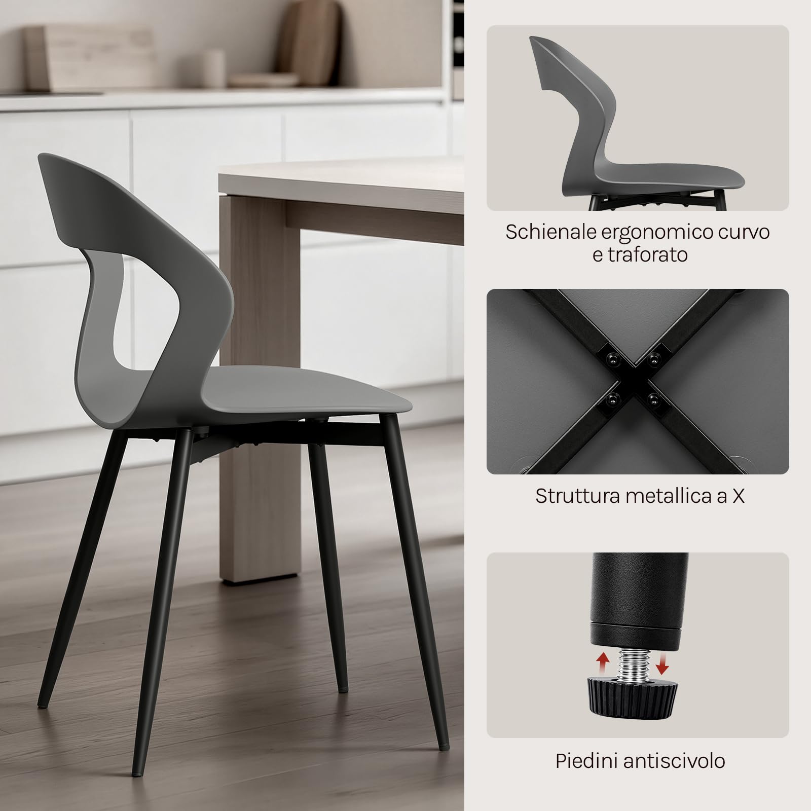 WOLTU Set di 4 Sedie Sala da Pranzo, Sedie Cucina con Schienale Traforato | In PP e Metallo, senza Braccioli, Capacità di Carico 150 kg, per Soggiorno, Camera da Letto e Studio, Grigio