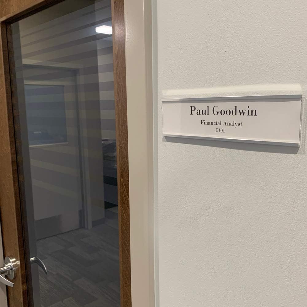 Wall or Door Nameplate Holder with Clear Plastic Inserts and Perforated Nameplate Inserts - Pack of 10 (Silver, 8" x 2")
