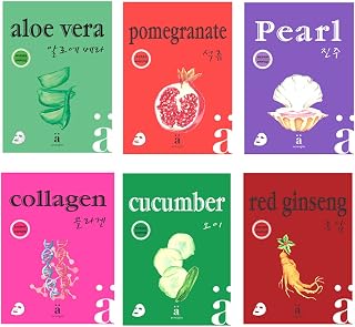Korean Skin Care Face Mask Sheets - Natural Ampoule Masks set (pack of 6) - Snail, Collagen, Red Ginseng, White Pearl, Aloe, Cucumber, Skin Care k beauty facial mask for Women, Girls