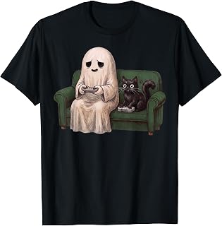 Gaming Boo Ghost and Black Cat Cute Spooky Halloween Gamer T-Shirt