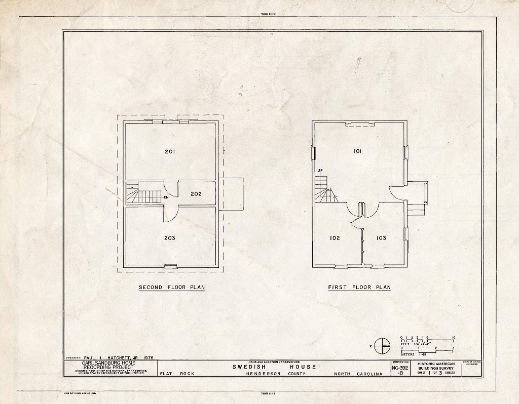 Historic Pictoric : Blueprint HABS NC,45-FLARO,3B- (Sheet 1 of 3) - Carl Sandburg Home, Swedish House, Flat Rock, Henderson County, NC 24in x 18in
