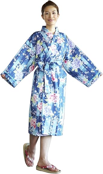 Bathrobe made of Superfine YUKATA fabric. womens robe. japanese robe made in Japan. Midori Yukata Kimono "Blue Peony/"