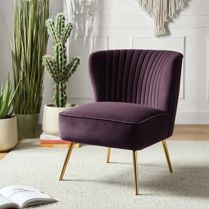 Image of Modern Upholstered Accent Velvet Chair Single Seater Channel Tufted Wing Back Chair with Golden Matel Legs for Living Room, Bedroom, Dining Room, Purple