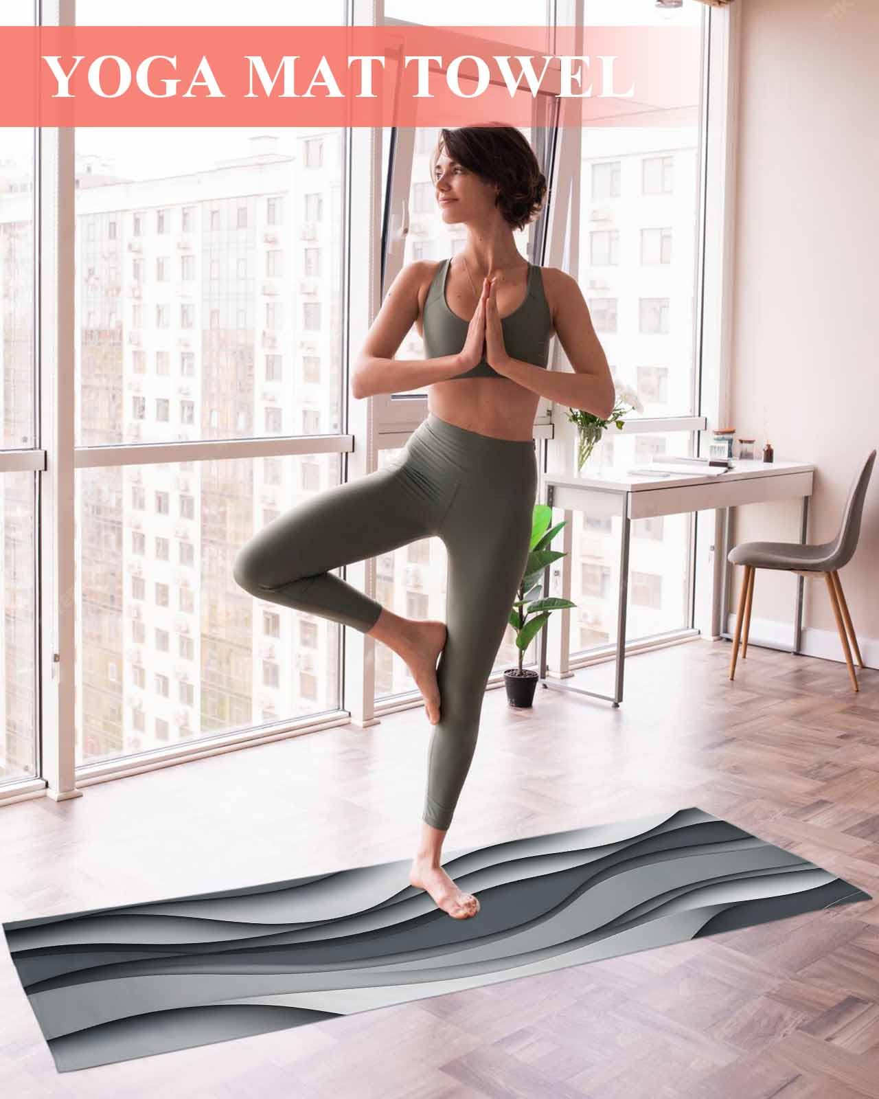 BOSIJOY Yoga Mat Towel,Abstract Water Ripple Stripe Art Non Slip Sweat Absorbent Hot Yoga Towels with Corner Pockets,Grey White Gradient Wave Soft Microfiber Towel for Pilates Bikram 70