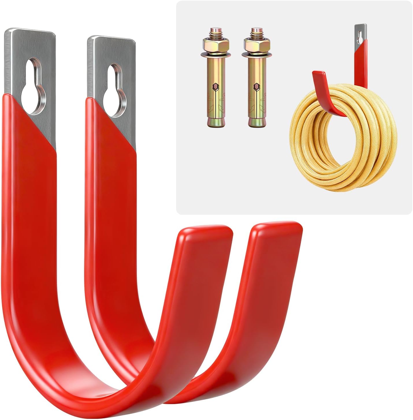 Heavy Duty Metal Garage Hooks Wall Mount 2 Pack, Garage Hanger Utility Storage Hooks for Outside, Hose Rack Suitable for Garage,Garden and Yard,Red