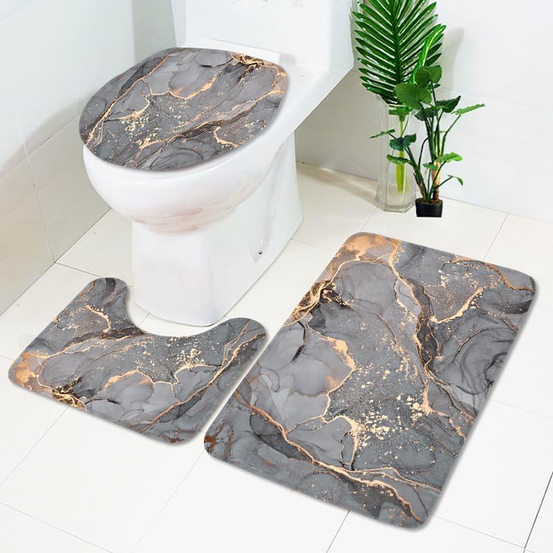 Badgarnitur 3 Teilig Badezimmerteppich Waschbar Badematte rutschfest,Wc Vorleger Mit Ausschnitt Und Badematte, Badvorleger Toilette Teppich 45X75Cm Braun Grau – Bild 4