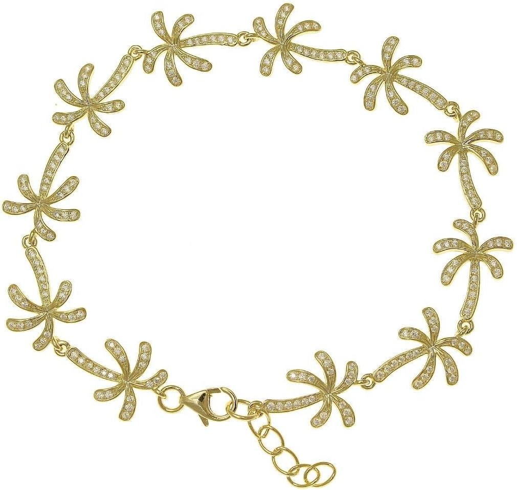 Arthur's Jewelry 925 solid sterling silver yellow gold plated Hawaiian palm tree cz link bracelet 7.5"