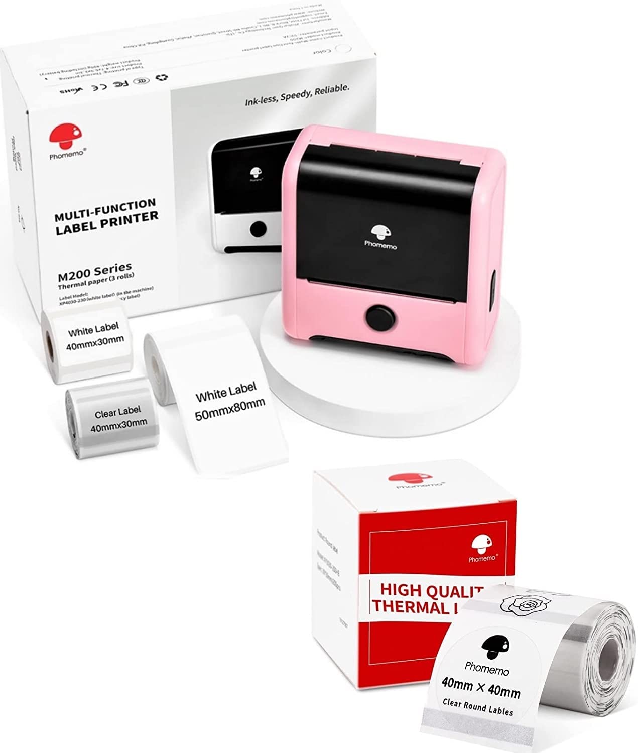 Phomemo-M200 Pink Label Make with 3 Labels-3 Inch 80mm Bluetooth Thermal Label Printer with Clear/Transparent Round Thermal Label Paper 1.57"x 1.57"(40x40mm), 180 Labels/Roll
