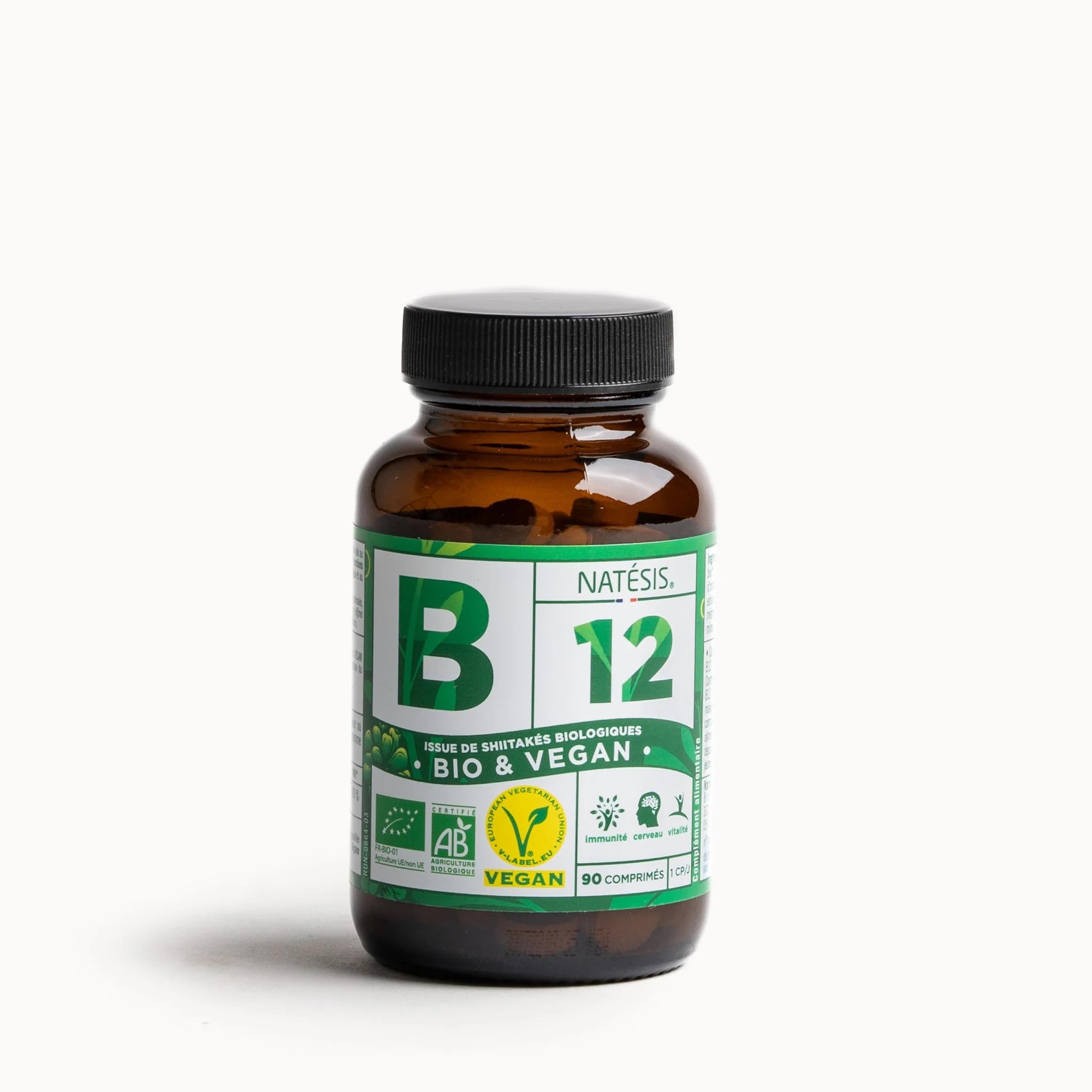 Natésis Vitamine B12 Bio & Vegan – Issue du Shiitaké – Formes naturelles Méthyl + Adénosyl + Hydroxy – 10 µg/jour – Certifiée Ecocert & V-Label – 90 Comprimés