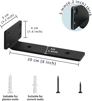 Floating Shelf Brackets, 6 Pcs of 8 inch Heavy Duty Industrial Shelf Bracket, Black Metal L Brackets for Shelves Support DIY(1/5 Inch Thicked)