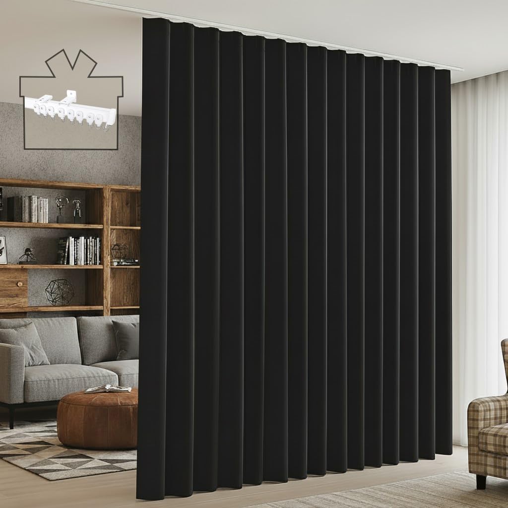 Room Divider Blackout Curtains with Ceiling Track 12ft Extra Wide Curtain with Rail, Thermal Insulated Privacy Sliding Drape for Bedroom, Living Room Separation, Window, Black(1 Panel, W144 x L96 in) Black 144"W x 96"L (Pack of 1)