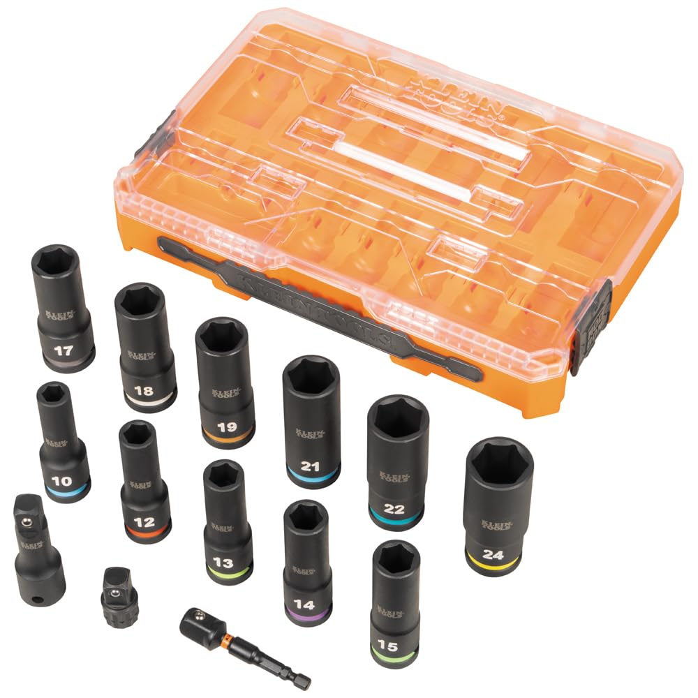 Klein Tools 65111IMPCTM KNECT Set di bussole a percussione per pozzi profondi, attacco da 1/2", metriche, codificate a colori, custodia MODbox, adattatore e prolunga per impatto, 14 pezzi