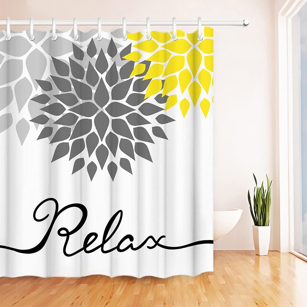 RnnJoile Dahlia Shower Curtain Set Abstract Yellow and Gray Flowers with Relax Sign Bath Curtain Modern Floral Bathroom Curtains Waterproof Fabric with Hooks 72"x 72" White